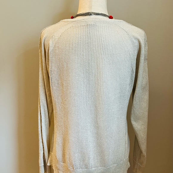 LUCKY BRAND Knit Metallic V-Neck Sweater Raglan Sleeves Lined Ivory Small Petite - Picture 7 of 9